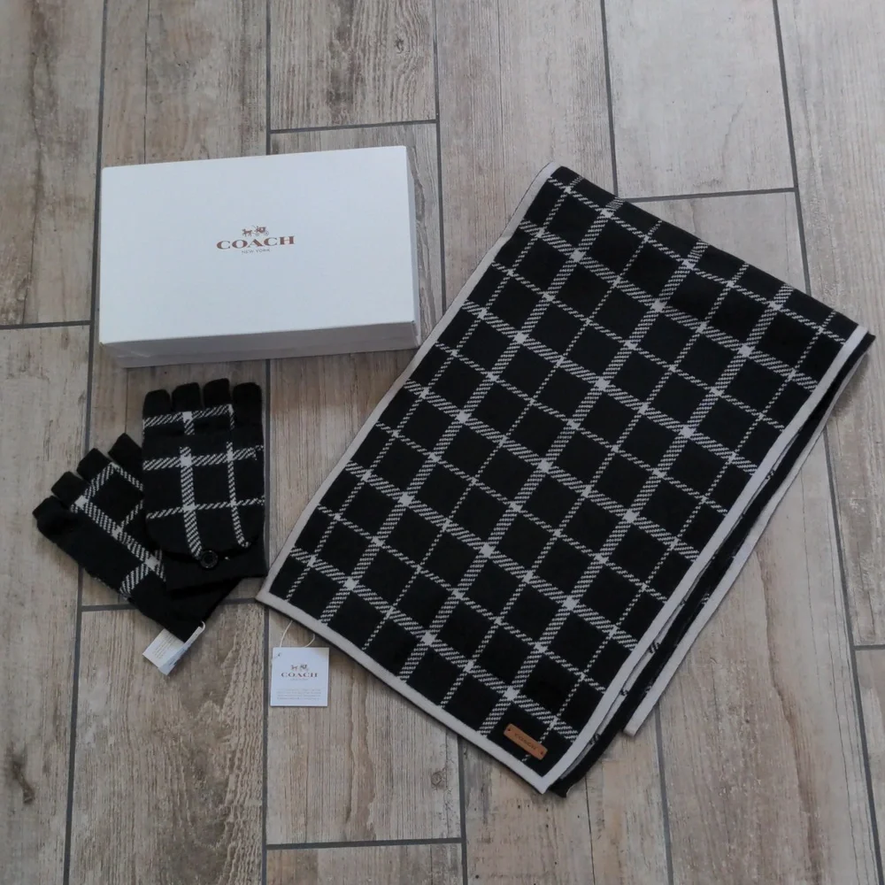 NEW Coach Black and White Plaid Mittens Gloves and Matching Scarf Set